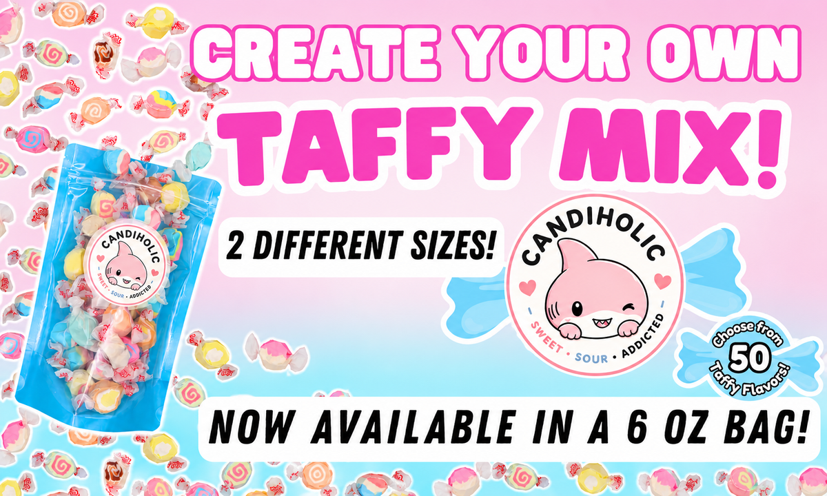 Promotional image for 'Candiholic' taffy mix with text on a colorful background - Make Your Own Taffy Mix